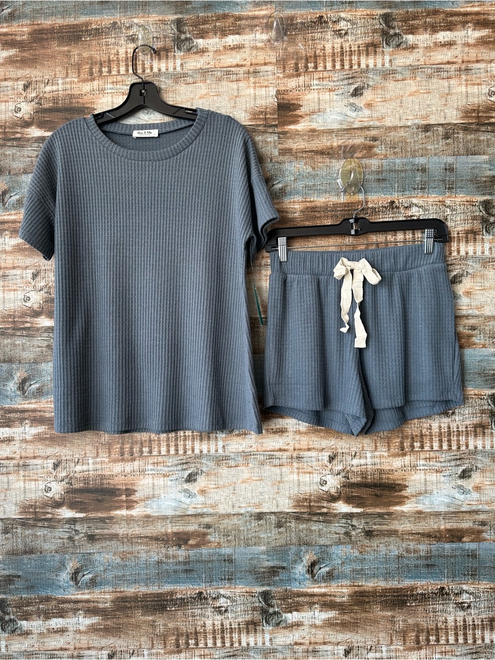 You & MeCozy Waffle Knit Short Set in Dusty Blue  Size Small